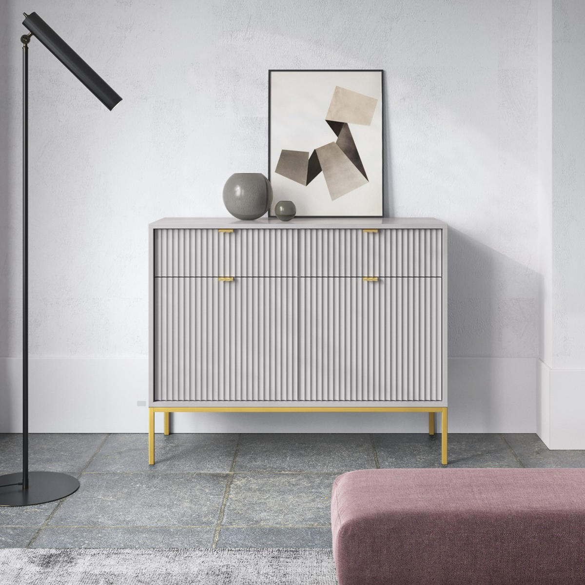 GRAUE Moderne Geriffelte Kommode KIOTO K2D2SZ (Gold Gestell, Soft-Close Türen) - Beige/Goldfarben, Holz/Holzwerkstoff (104/83/39cm) - Ravio