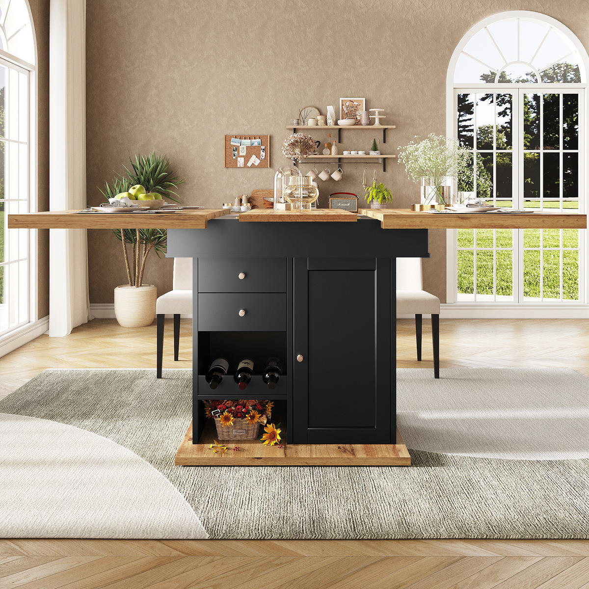 ESSTISCH, ausziehbar 110-140/80/75 cm mit Stauraum & Snack-/Weinregal, Schwarz/Natur - Schwarz, Holzwerkstoff (110/80/75cm) - Redom