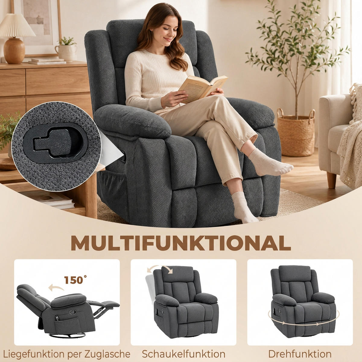 RELAXSESSEL Polyester Schaumstoff Grau - Schwarz/Grau, Textil/Metall (92/102/92cm) - HOMCOM