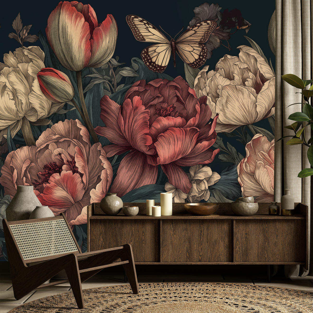 FOTOTAPETE für Schlafzimmer Pfingstrosen Tulpen Vintage Blumen Rosa Natur 350x256 - Gelb/Beige, Papier (350/256cm) - Muralo