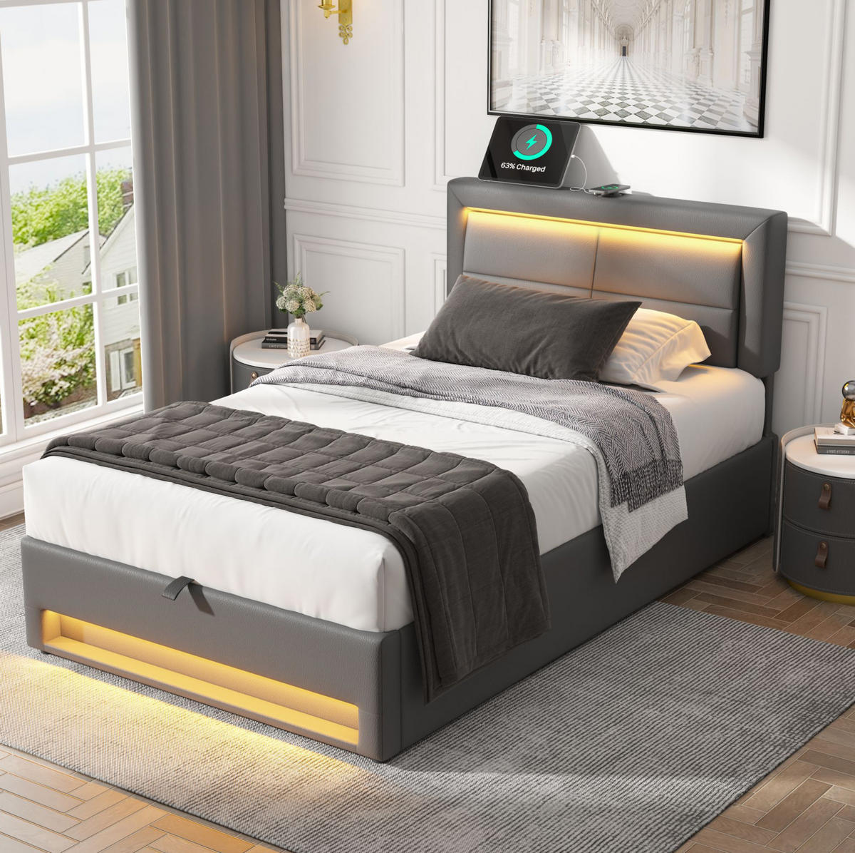 POLSTERBETT 90/200 cm Grau aus PU mit LED-Beleuchtung und Stauraum - Grau, Kunststoff (90/200cm) - OKMYHOME