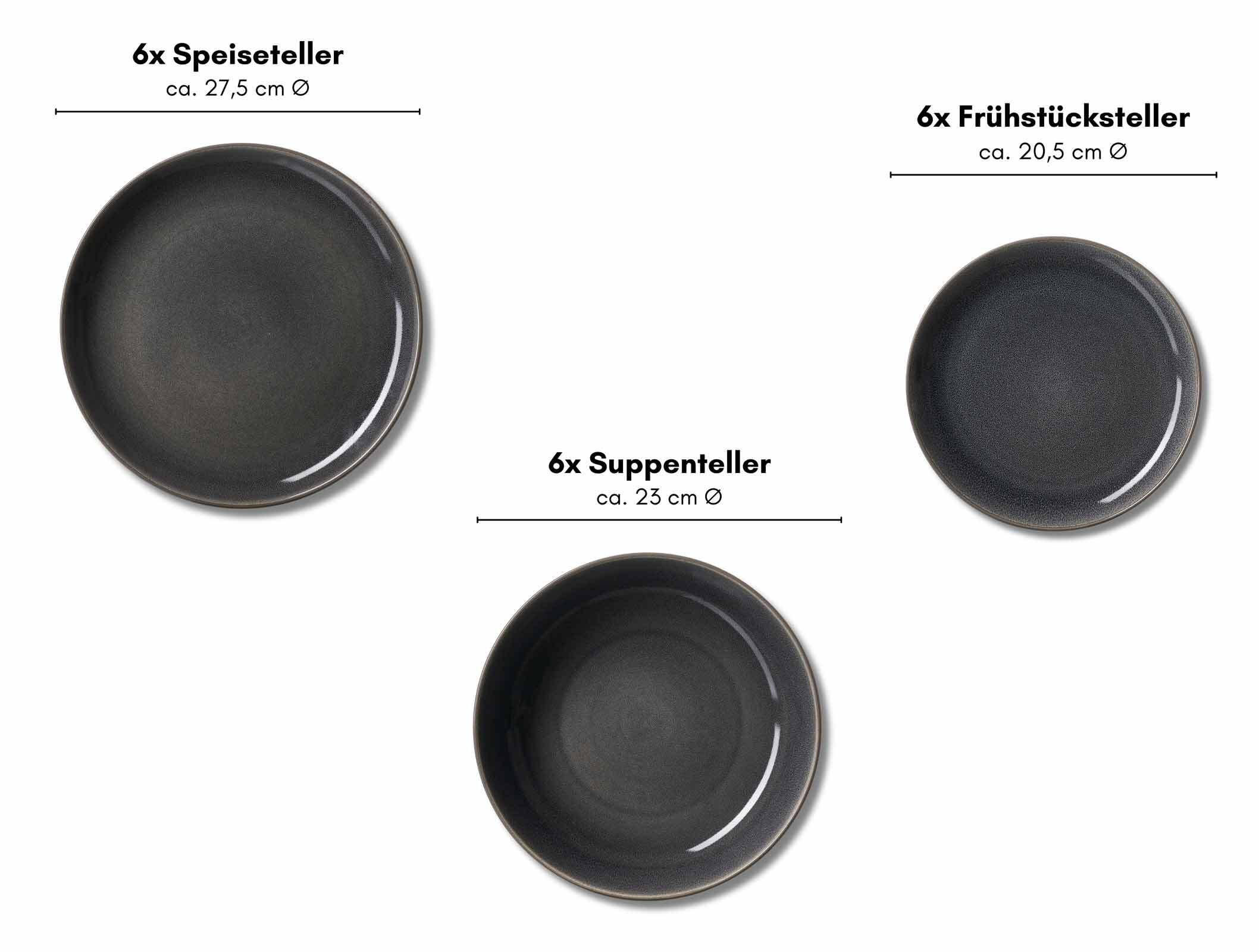 TELLER-SET Toledo dunkelgrau 18er Set - Dunkelgrau, Keramik (1/1/1cm) - Ritzenhoff Breker