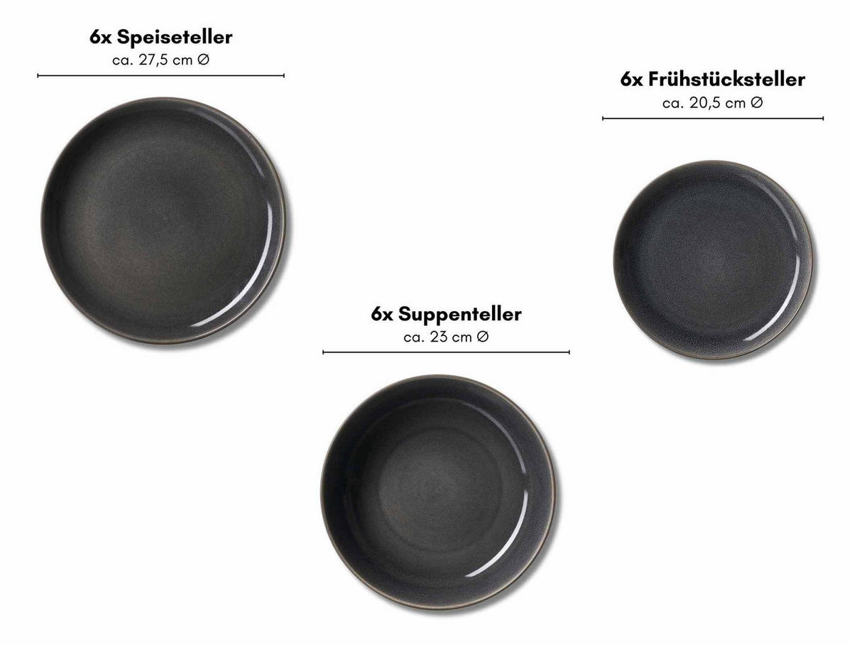 TELLER-SET Toledo dunkelgrau 18er Set - Dunkelgrau, Keramik (1/1/1cm) - Ritzenhoff Breker