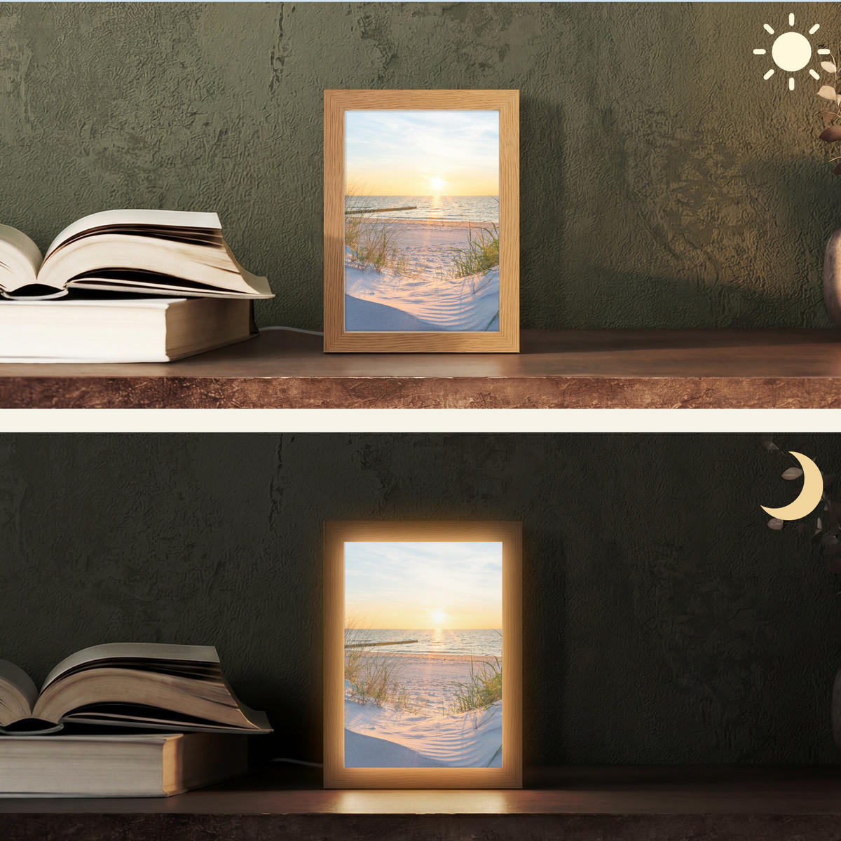 TISCHLEUCHTE Strand - Sonne - Düne - Gras - Sand - Horizont 15x20 cm - Cognac, Holzwerkstoff (8/15/20cm) - OnlyWow