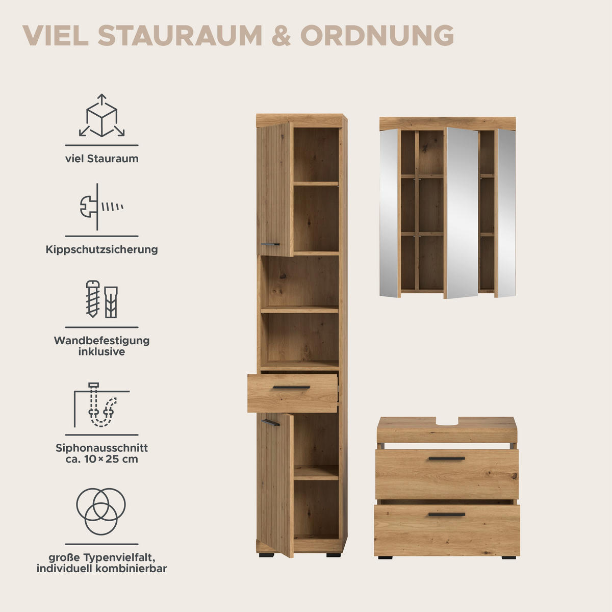 BADEZIMMER Vento 3-tlg. (B/H/T: ca. 112/191/34 cm) in Artisan Eiche /Artisan Eiche - Eiche Artisan, Holz (112/191/34cm)