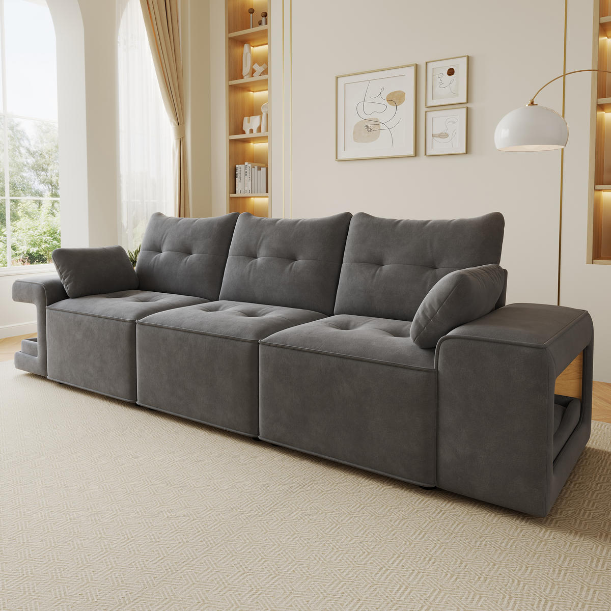 SOFA Grau 3 Sitzer Stauraum breite Armlehnen Kissen - Grau, Textil (78/84/229.5cm) - FLIEKS