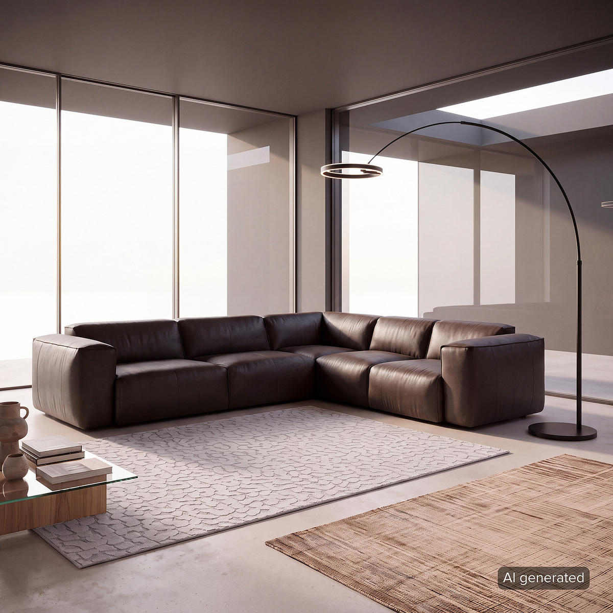 ECKSOFA mit Rundecke - Dunkelbraun/Schwarz, Leder/Kunststoff (325/260cm) - home24