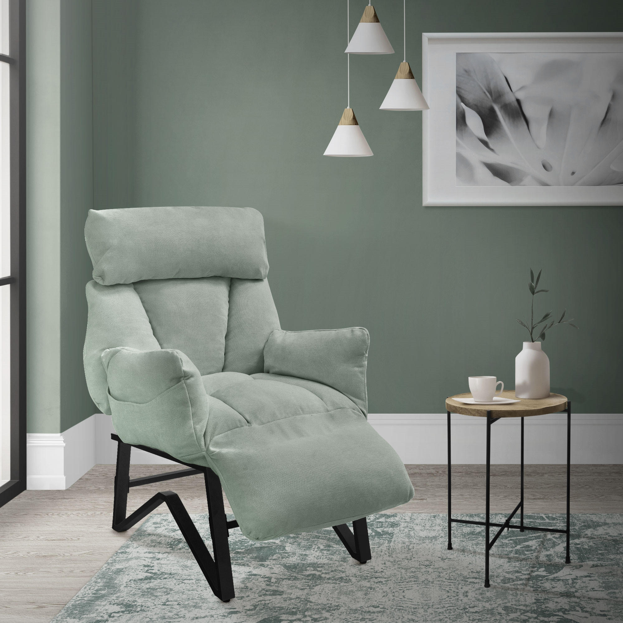 RELAXSESSEL Grau-Grün Leinenbezug verstellbar mit Armlehnen und Fußablage - Schwarz/Hellgrün, Textil/Metall (85/102/82cm) - ML-DESIGN