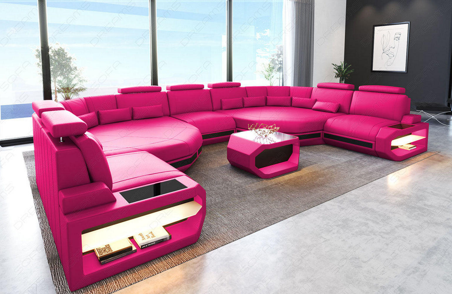 Thumbnail - Sofa Dreams Wohnlandschaft, Pink, Leder, Rechteckig, 435x93x280 cm, Wohnzimmer, Sofas & Couches, Wohnlandschaften, Wohnl...