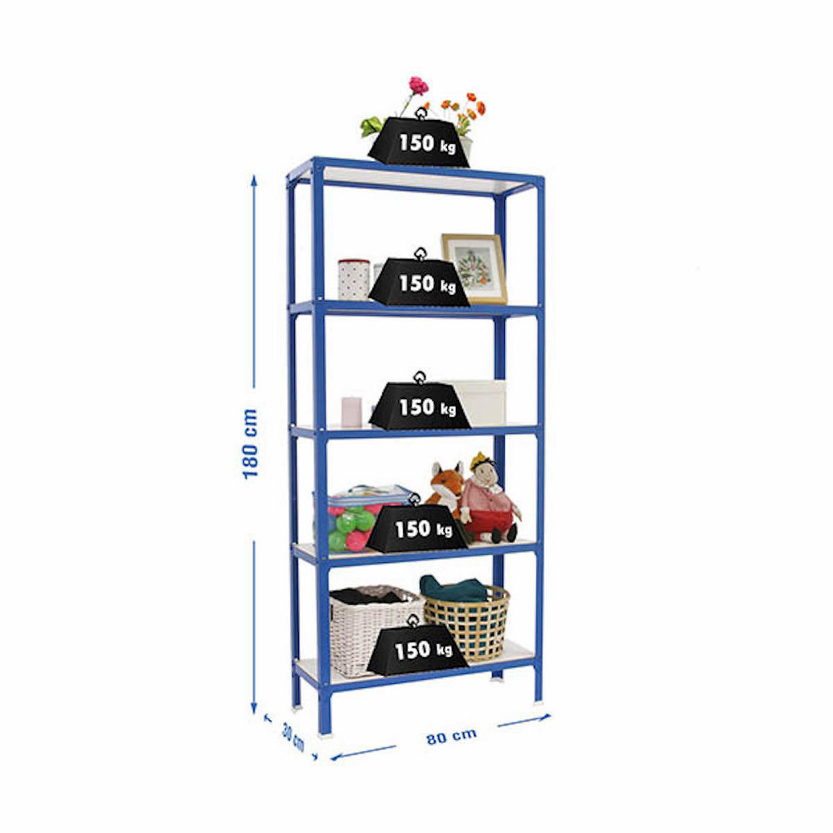 WOHNREGAL LIVING KOALA WOOD mit 5 Fachböden | HxBxT 180x80x30cm | Fachlast 150kg | Blau/Weiß - Blau, Metall (80/180/30cm) - PROREGAL