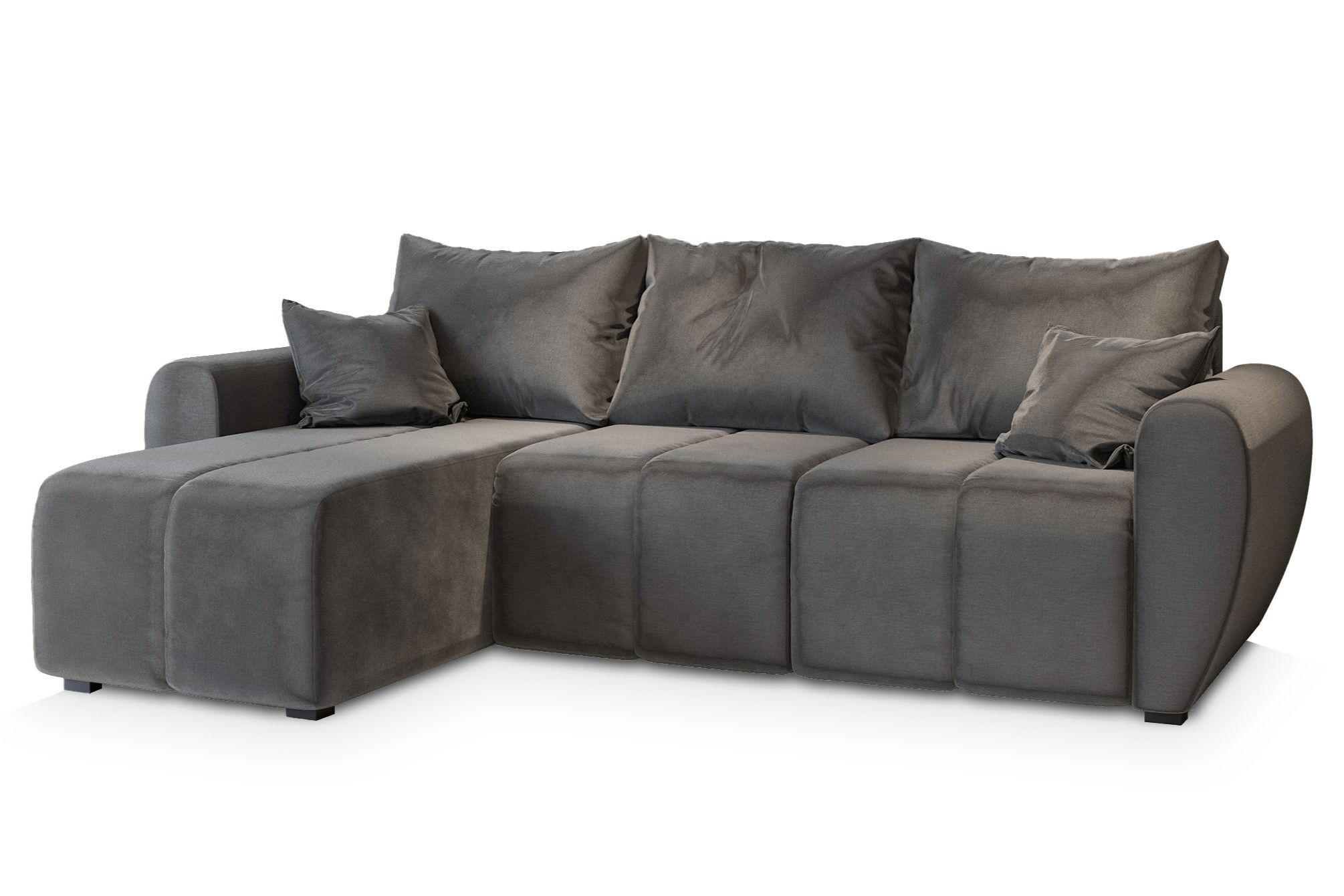 ECKSOFA MADISON Grau Plüsch-Stoff mit Schlaffunktion - Grau, Holz (246/143cm) - MASSENO
