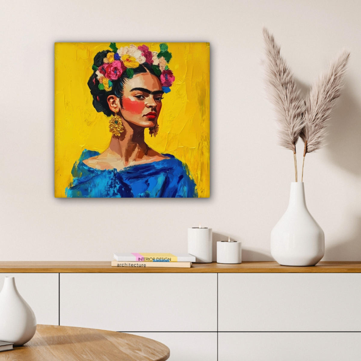 LEINWANDBILD Frida Kahlo - Frau - Gelb - Blau - Blumen 50x50 cm - Gelb, Textil (50/50cm) - MuchoWow