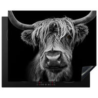 HERDABDECKPLATTE Schottischer Highlander - Hörner - Schwarz - Weiß - Kuh - Wild - Tiere Herdabdeckung Induktionsfeld 65x52 cm - Schwarz, Kunststoff (65/52/0.2cm) - MuchoWow