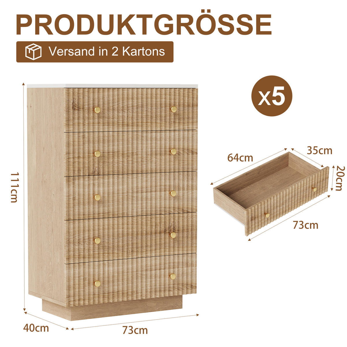 SCHUBLADENSCHRANK mit 5 Schubladen, Kommoden LED, Holz, in Naturholzfarbe - Goldfarben/Naturfarben, Holz/Metall (40/111/73cm) - BPKADHY
