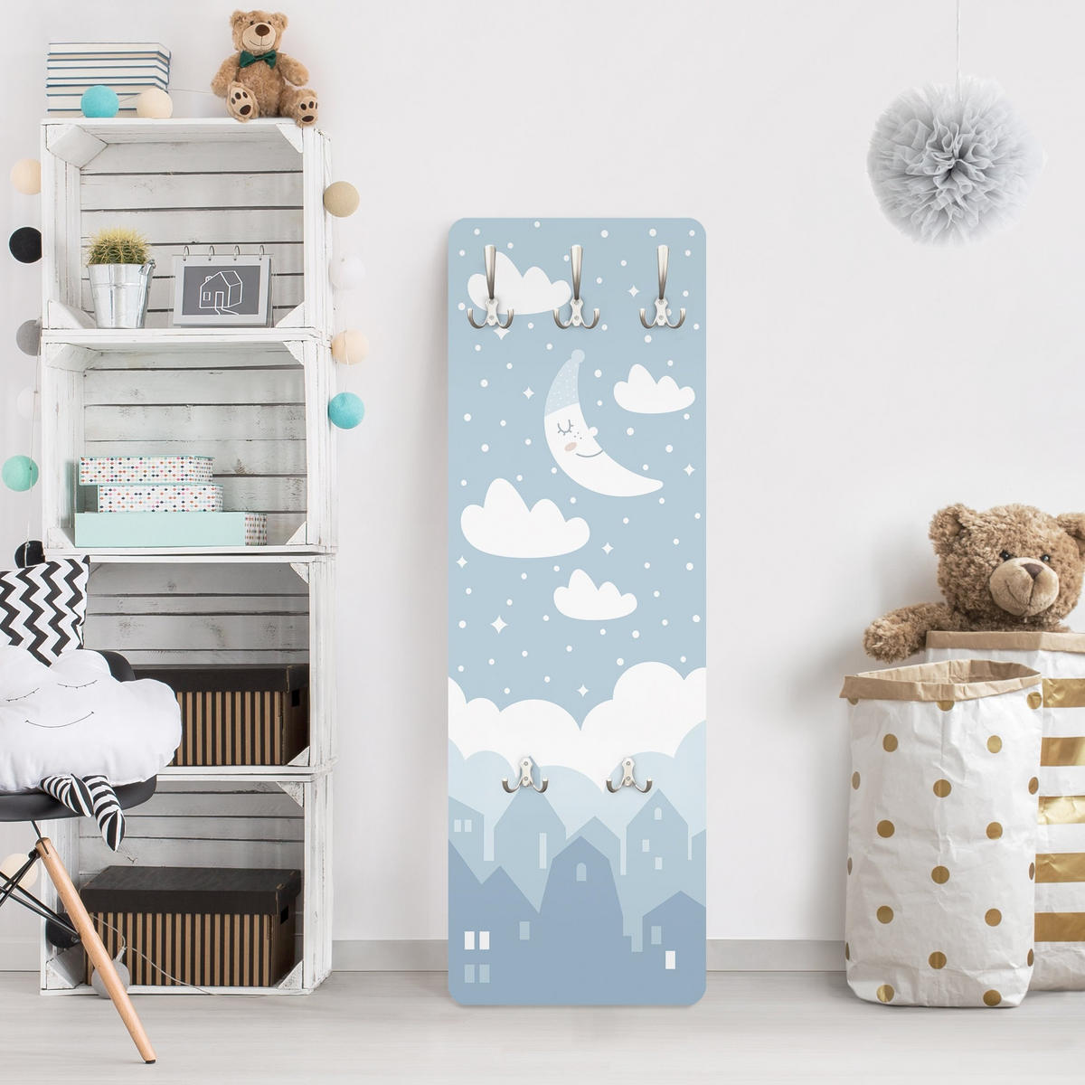 WANDGARDEROBE - Sternenhimmel mit Mond Blau 34/105 cm - Blau, Holzwerkstoff (34/105/1.6cm) - Bilderwelten