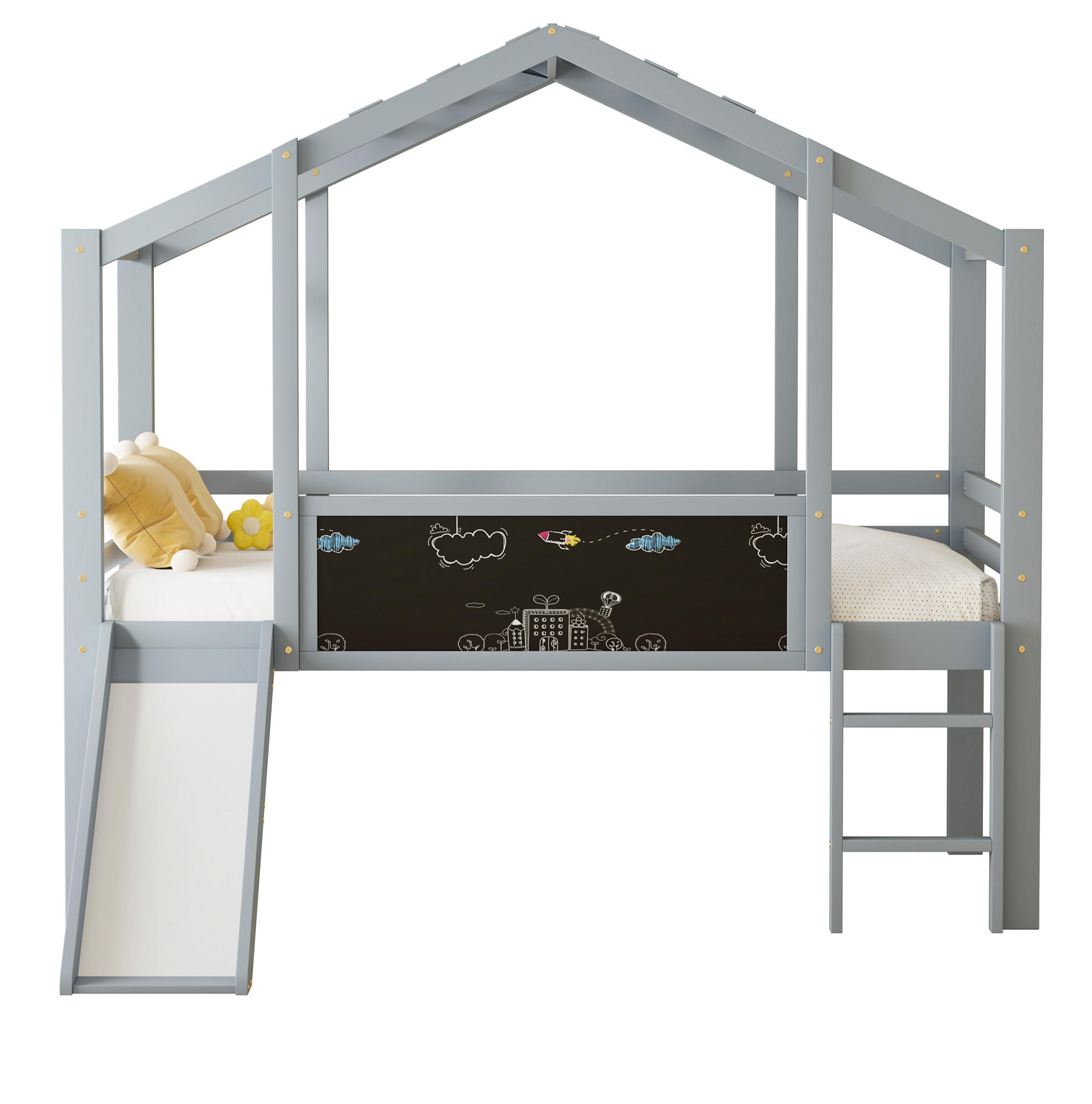 KINDERBETT 90/200 cm in Grau – Hochbett in Hausform mit Rutsche und Leiter - Grau, Holz (90/200cm) - BEAOK