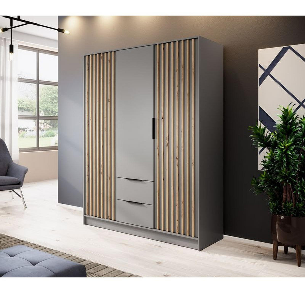 KLEIDERSCHRANK – 155 cm – Nelly – Grau - Grau, Holzwerkstoff (155/200/51cm) - hi-markt