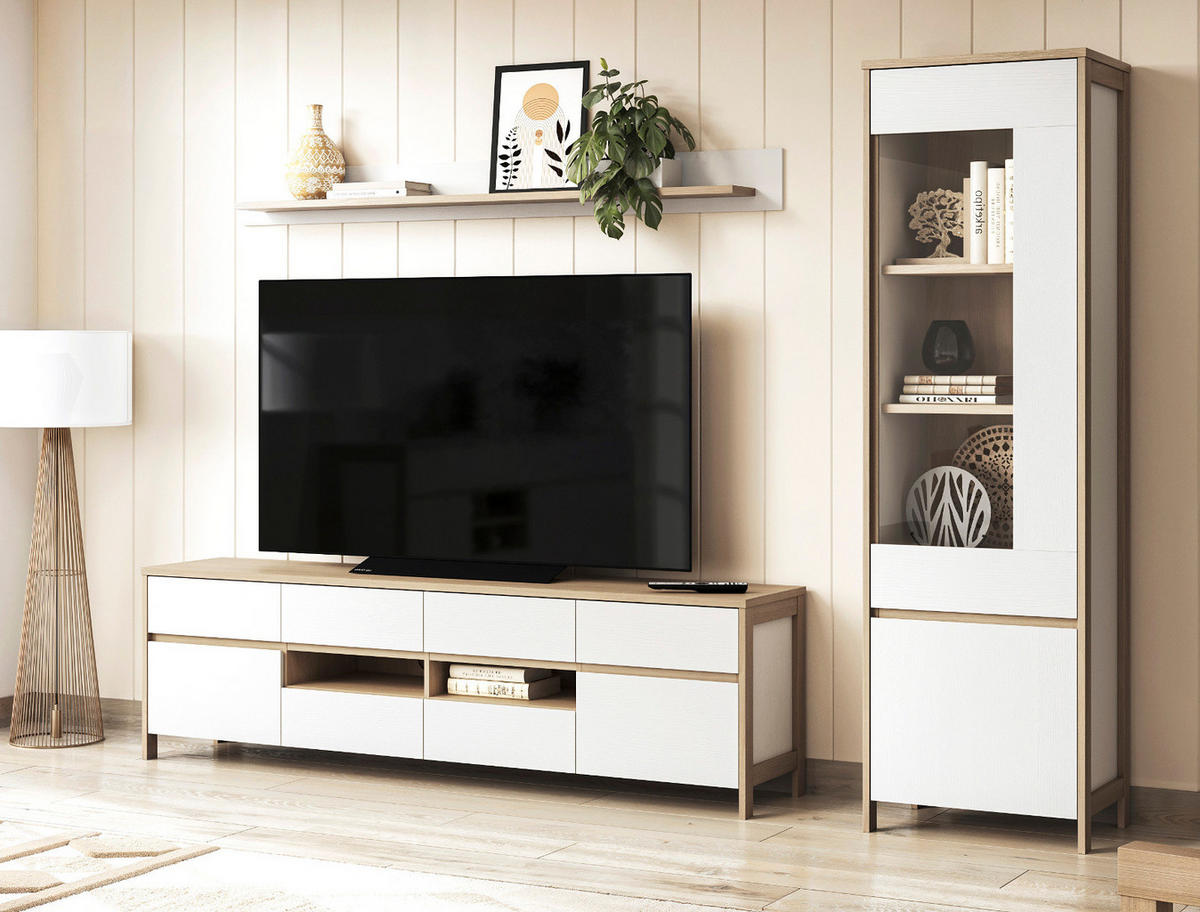 VITRINE in weiß und Eiche Vitrinenschrank skandinavisch 58 x 195 cm, Soft-Close Finnes - Eichefarben/Weiß, Glas/Holzwerkstoff (58/195/39cm) - Furn.Design