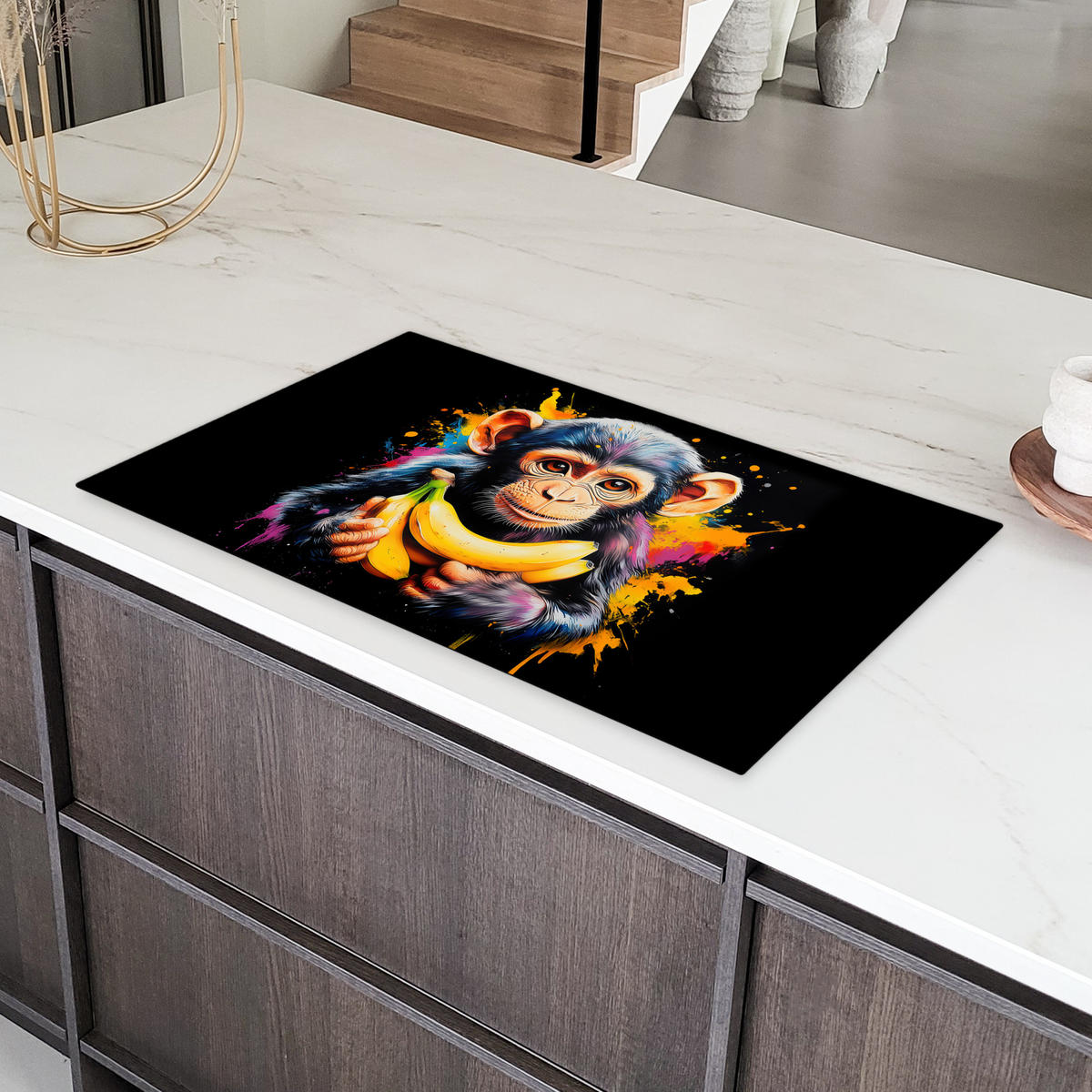 HERDABDECKPLATTE Affe - Graffiti - Farbenfroh - Bananen - Modern Induktionsschutz 91.6x52.7 cm - Gelb, Kunststoff (91.6/52.7/0.2cm) - MuchoWow