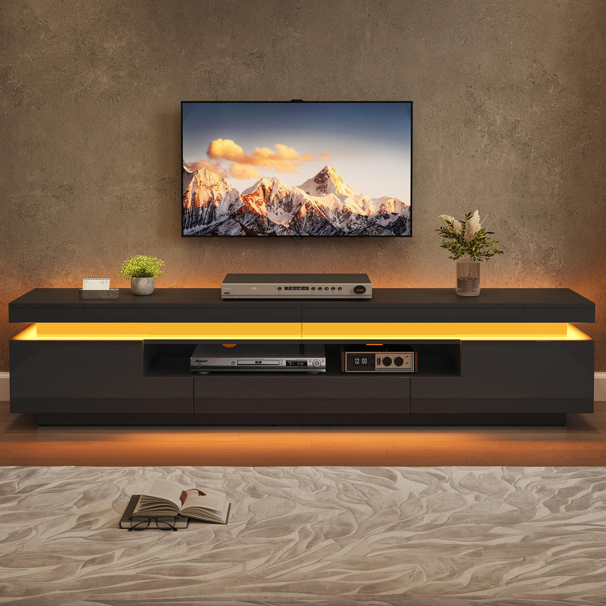 TV-SCHRANK schwarz aus Spanplatte mit Hochglanzfront und App-gesteuerter USB-LED 175 × 38 × 45 cm - Schwarz, Holzwerkstoff (175/45/38cm) - Luhomfu