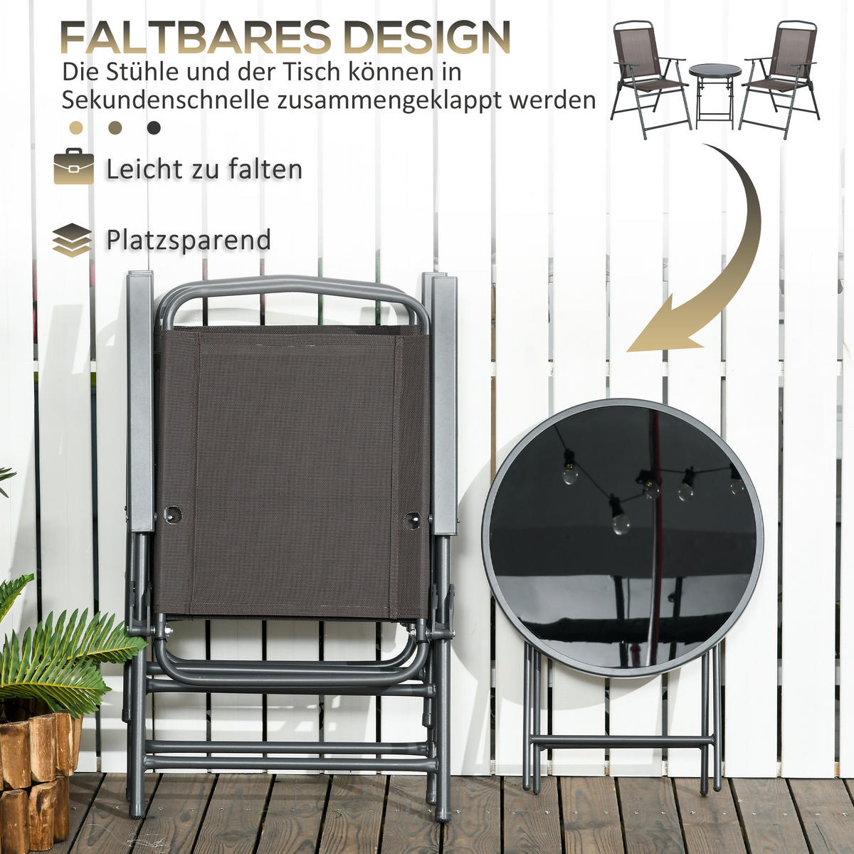 BISTRO-SET DE-07312 3-teilig, klappbar mit Glastisch Braun - Braun, Metall - ComfortXL