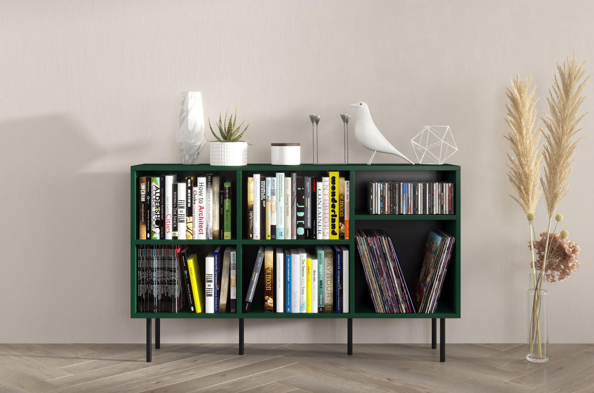 SIDEBOARD Mirka, Grün, offene Fächer, Minimalistisch - Dunkelgrün/Schwarz, Holzwerkstoff/Metall (130/80/30cm) - Dancan