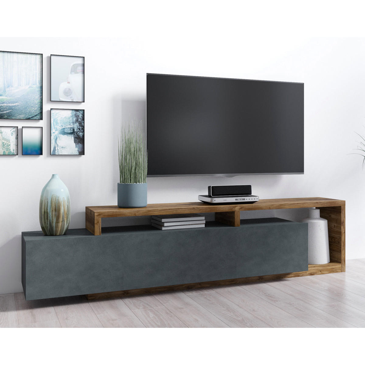 TV-MÖBEL Ilyes Grau und Holz - Grau, Holzwerkstoff (219/25/45cm) - Petits-meubles