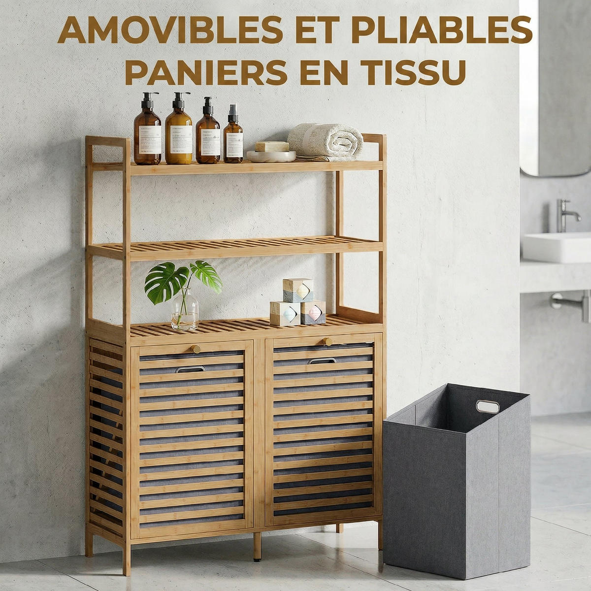 BADEZIMMERSCHRANK Natur mit 2 Wäschekörben und 3 Ablagen - Eichefarben, Holz (80/118/30cm) - PANGIVO