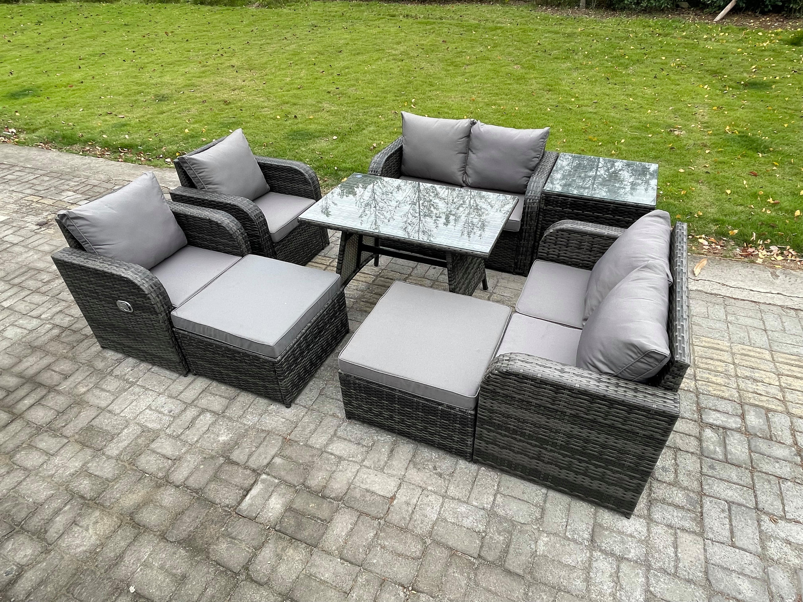 LOUNGEGARNITUR mit ESSTISCH SOFA Polyrattan Dunkelgrau 8-Sitzer - Dunkelgrau/Grau, Glas/Kunststoff - Fimous