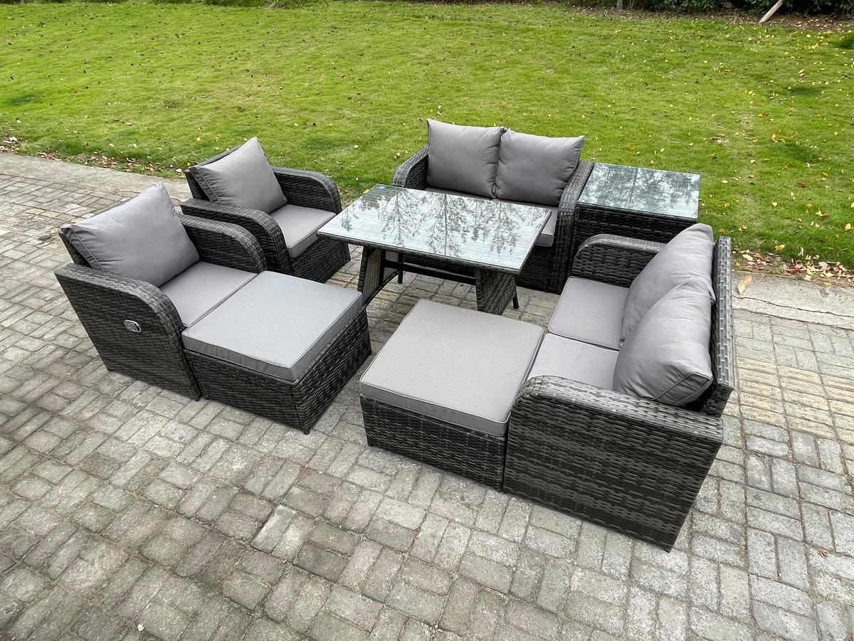 LOUNGEGARNITUR mit ESSTISCH SOFA Polyrattan Dunkelgrau 8-Sitzer - Dunkelgrau/Grau, Glas/Kunststoff - Fimous