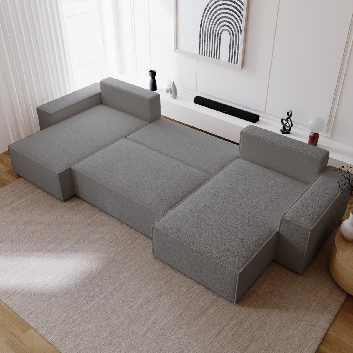 ECKCOUCH Bergamo U Bouclé mit Schlaffunktion, 380 cm, Dunkelgrau - Dunkelgrau, Holz (377/189cm) - Emporius