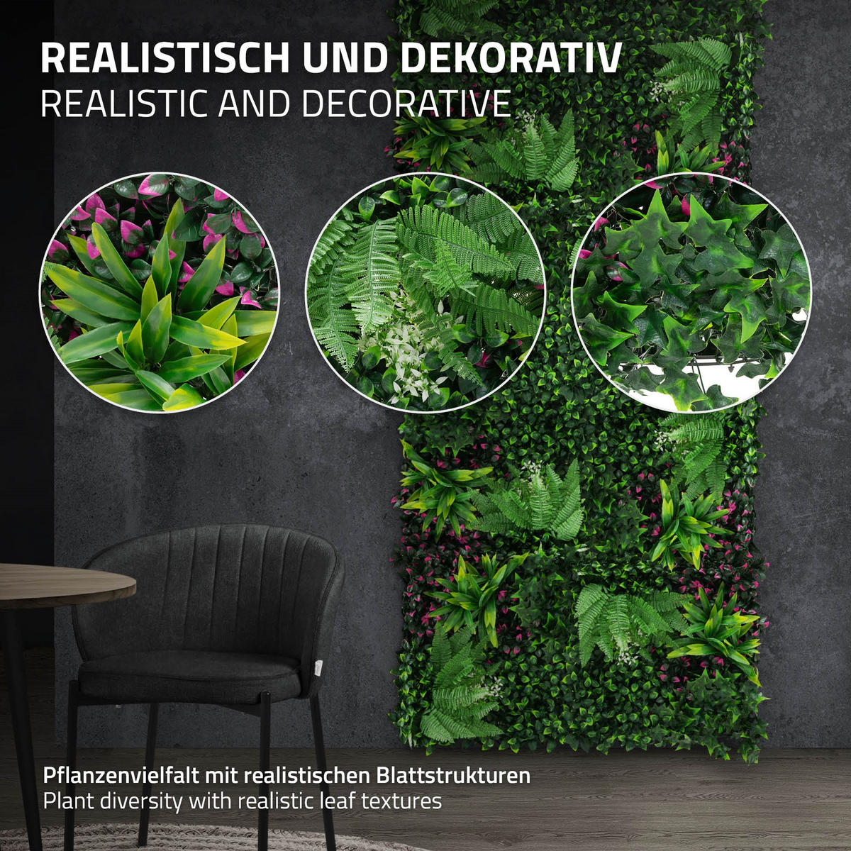 KÜNSTLICHE PFLANZENWAND 4er Set 50x50 cm Kunstpflanzen Wand Innen Aussen Grün Jungle Fern - Waldgrün/Pink, Kunststoff (50/50/10cm) - ECD-Germany