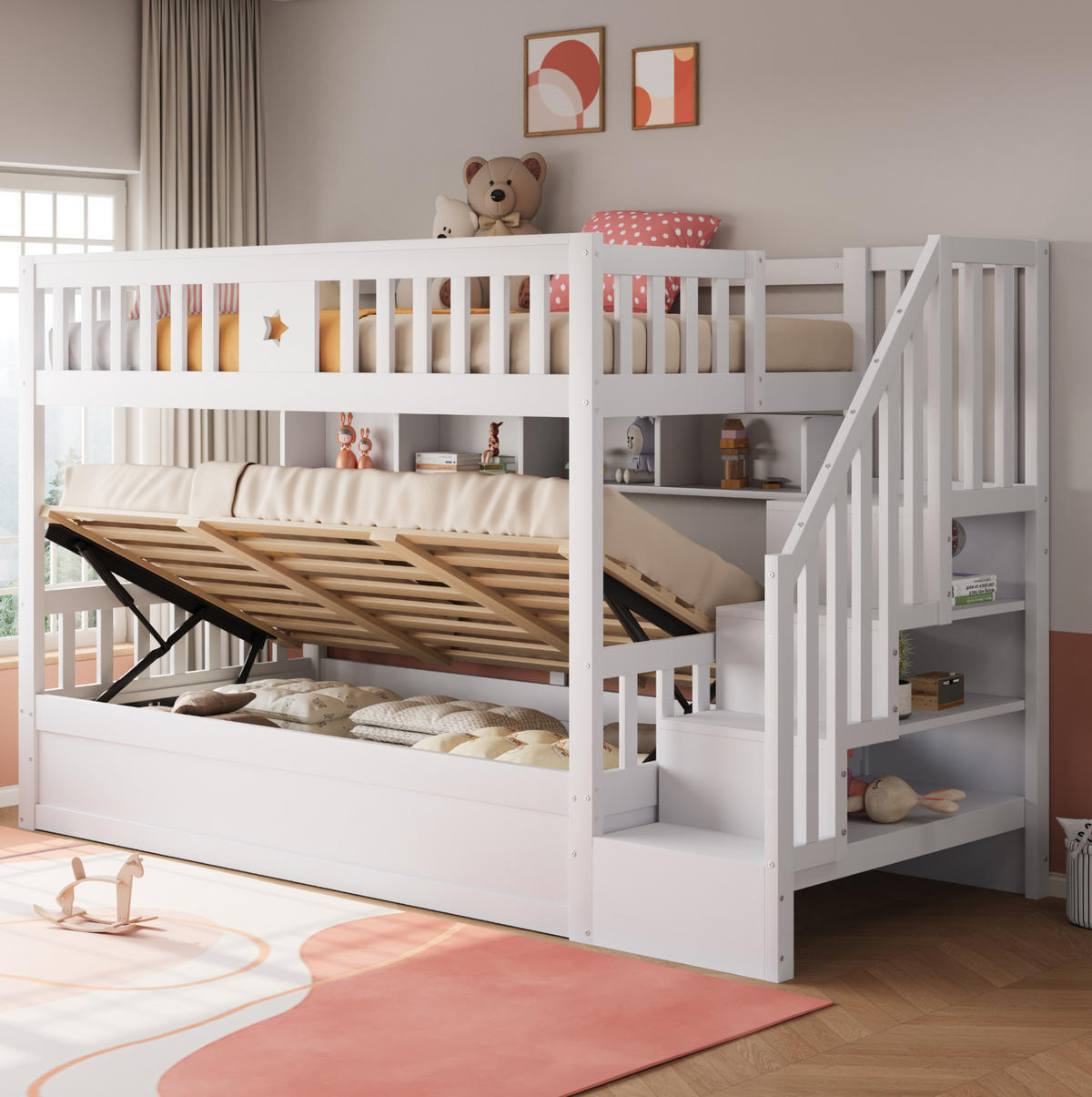 HOCHBETT 90/200 cm weiß aus Holz mit Stauraumtreppe und Regalen - Weiß, Holzwerkstoff (90/200cm) - OKWISH