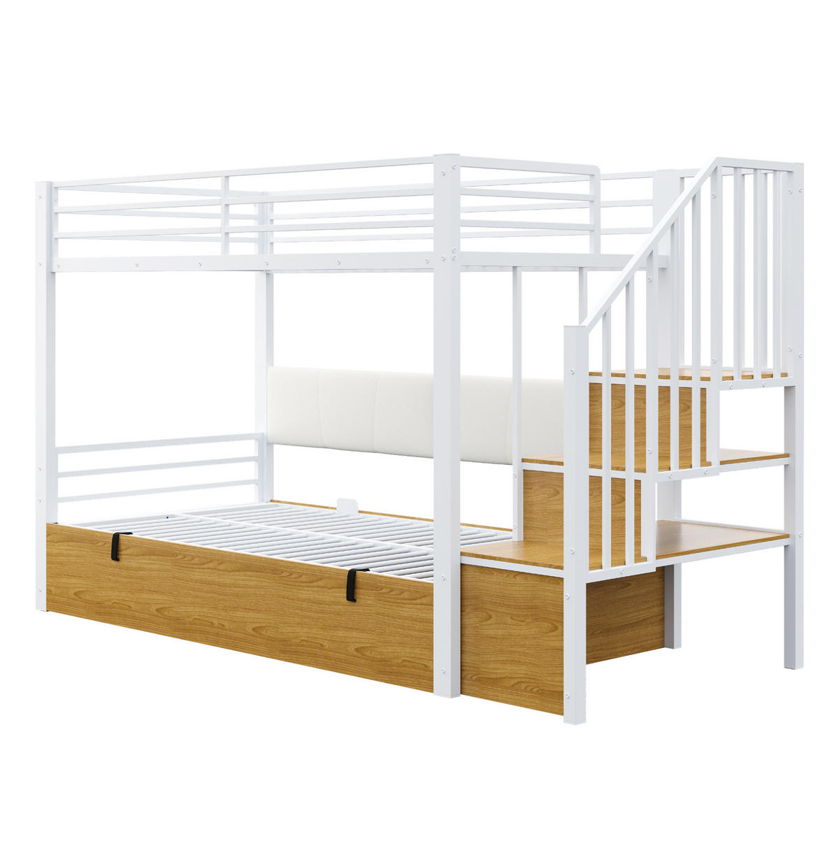 VISOKI krevet 90/200 cm s hidrauličnim spremištem, stepenicama s pretincima i visokim zaštitnim ogradama, Bijeli - bijela, metal (90/200cm) - Redom