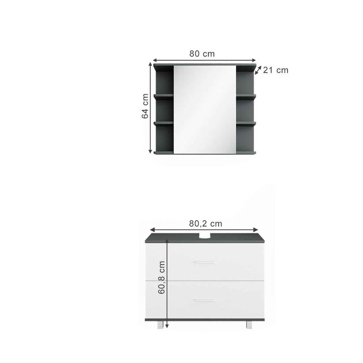 BADMÖBEL-SET Ilias Weiß/Anthrazit 2 Teile, Unterschrank 80 cm - Anthrazit/Weiß, Holzwerkstoff (80.2/60.8/33cm) - Vicco