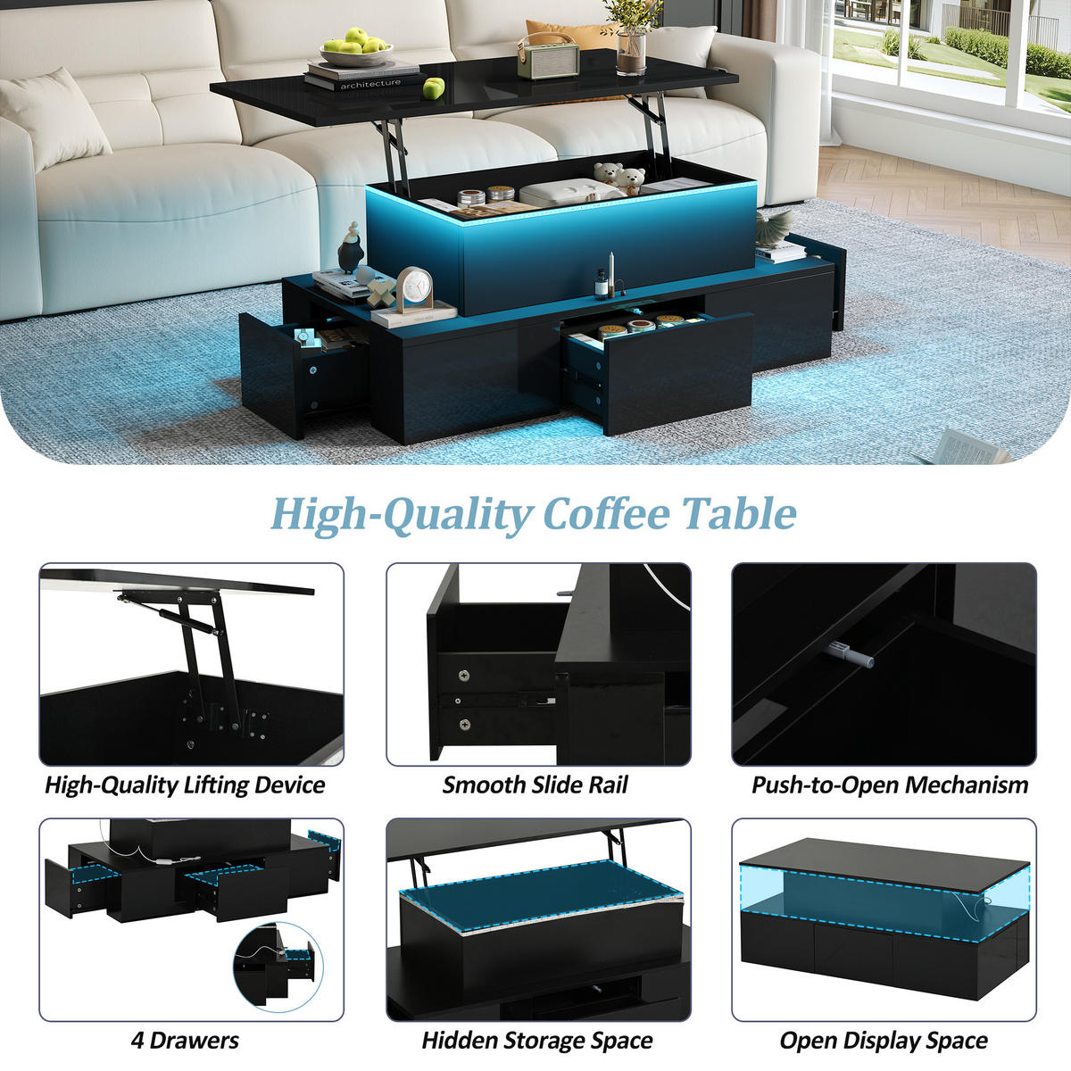 COUCHTISCH in Schwarz anhebbarer Kaffeetisch mit 4 Schublade und Stauraum für Wohnzimmer, B100/T50/H40cm - Eichefarben/Schwarz, Holzwerkstoff (50/100/40cm) - STILVORA