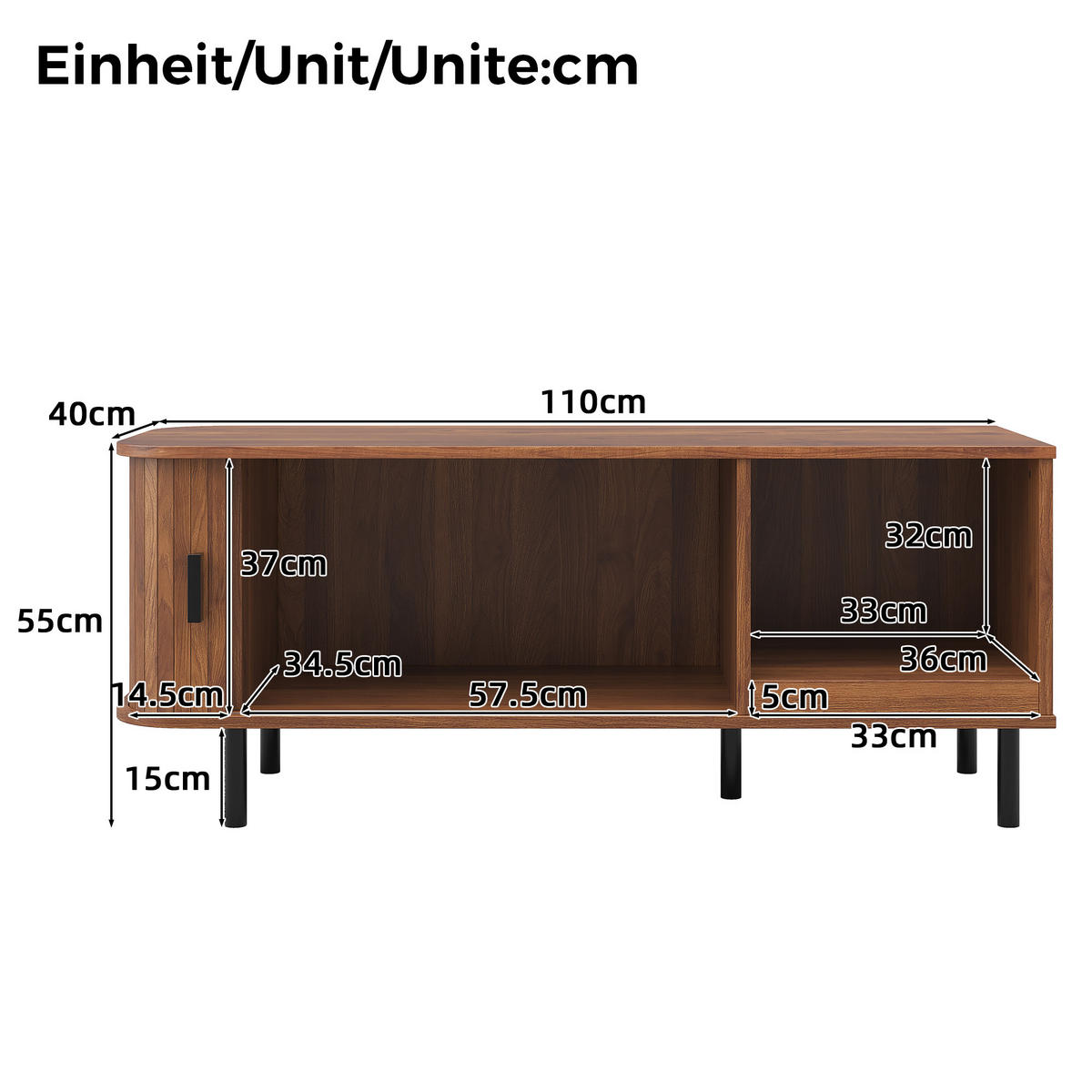 COUCHTISCH mit Schiebetür, Lamellenoptik und Stauraum - Walnussfarben, Holzwerkstoff (40/110/55cm) - FLIEKS