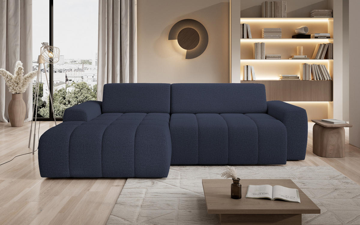 ECKSOFA Savio Freistehend, Mit Abriebfestem Kansas-Stoff, Maße 265x172x81cm, Ausziehbare Sitzfläche 206x92cm, Linke, Blau - Blau, Holz/Textil (172/265cm) - DomoHome