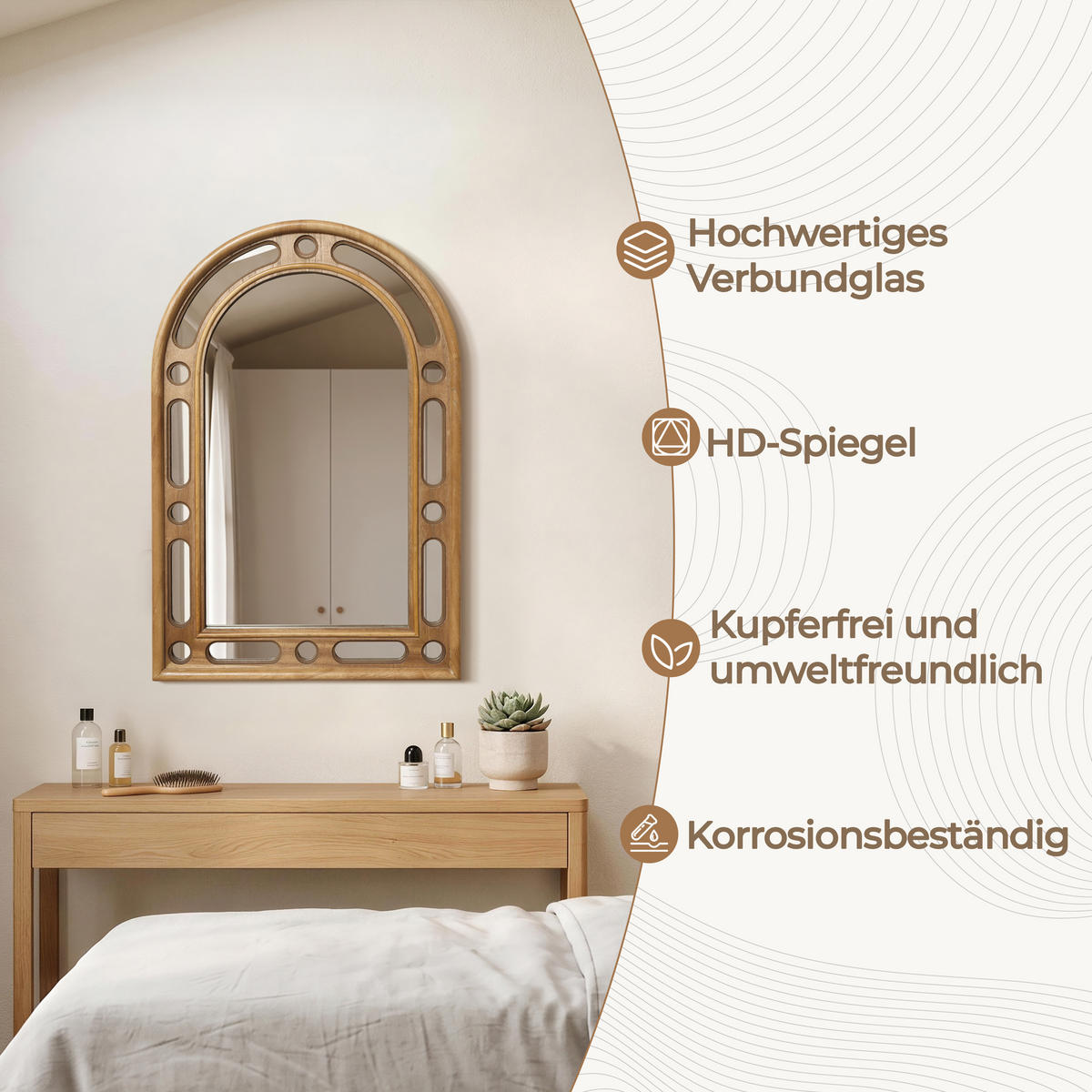 75CM Bogen Spiegel HTA0405 - Naturfarben, Naturmaterialien (3.5/75/50cm) - Hometopia