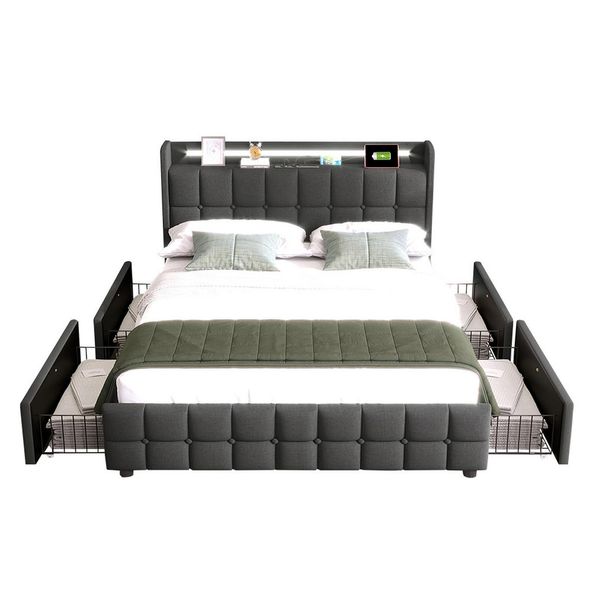 POLSTERBETT 160/200 cm in Grau mit Matratze - Grau, Holz/Textil (160/200cm) - KOMHTOM