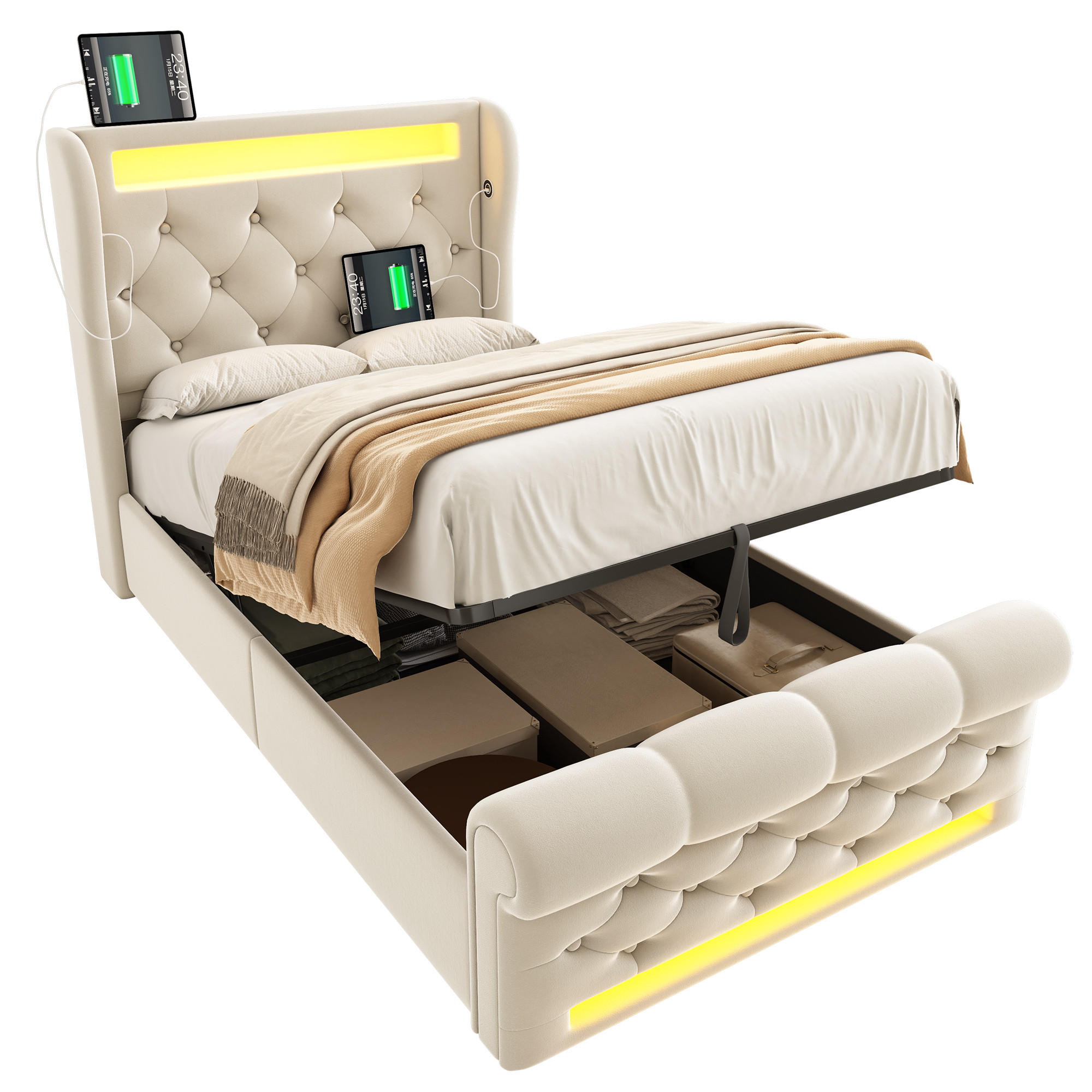 POLSTER EINZELBETT 90x200cm mit LED USB-C & Hydraulik Stauraum Beige - Beige, Holz (90/200cm) - FLIEKS