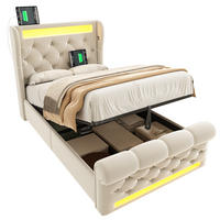 POLSTER EINZELBETT 90x200cm mit LED USB-C & Hydraulik Stauraum Beige - Beige, Holz (90/200cm) - FLIEKS