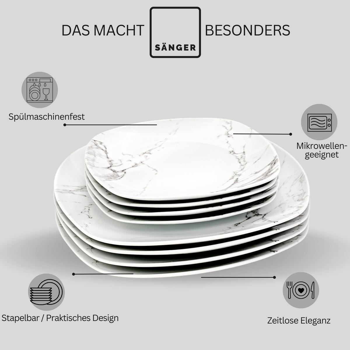 TAFELSERVICE BILGOLA MARMOR DESIGN - 24 teilig aus Porzellan - Weiß, Keramik (25/4.5/15cm) - Sänger