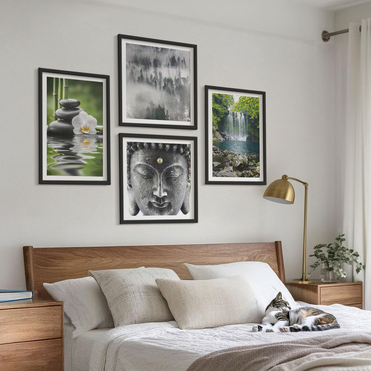 WANDBILDER 4er-Set - 50x50 cm & 40x60 cm Schwarzer Rahmen - Harmonie der Natur, Steine, Wasser, Buddha - Schwarz, Kunststoff (50/50cm) - ArtPrintCave