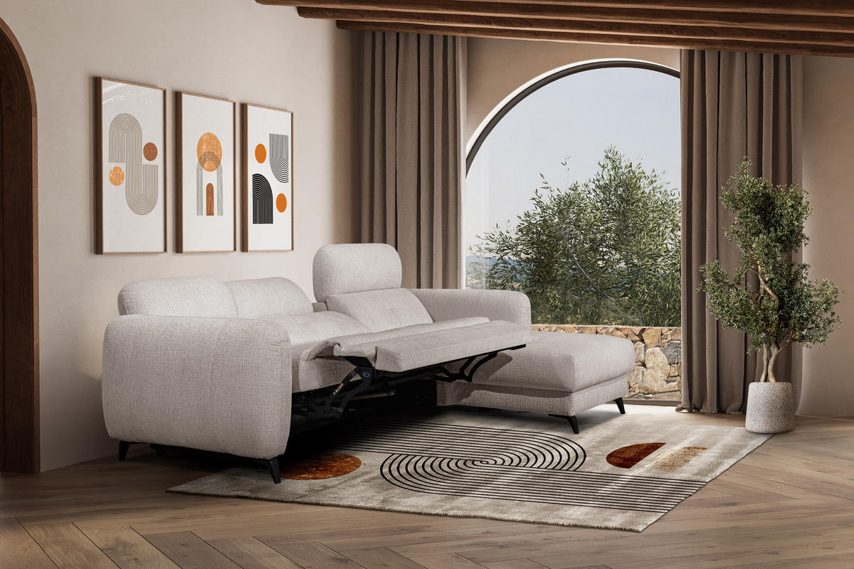 ECKSOFA SVEN 3-Sitzer, 1 Relax XL, verstellbare Kopfstützen, creme - Creme/Schwarz, Holzwerkstoff/Textil (256/163cm) - Courtois Laville