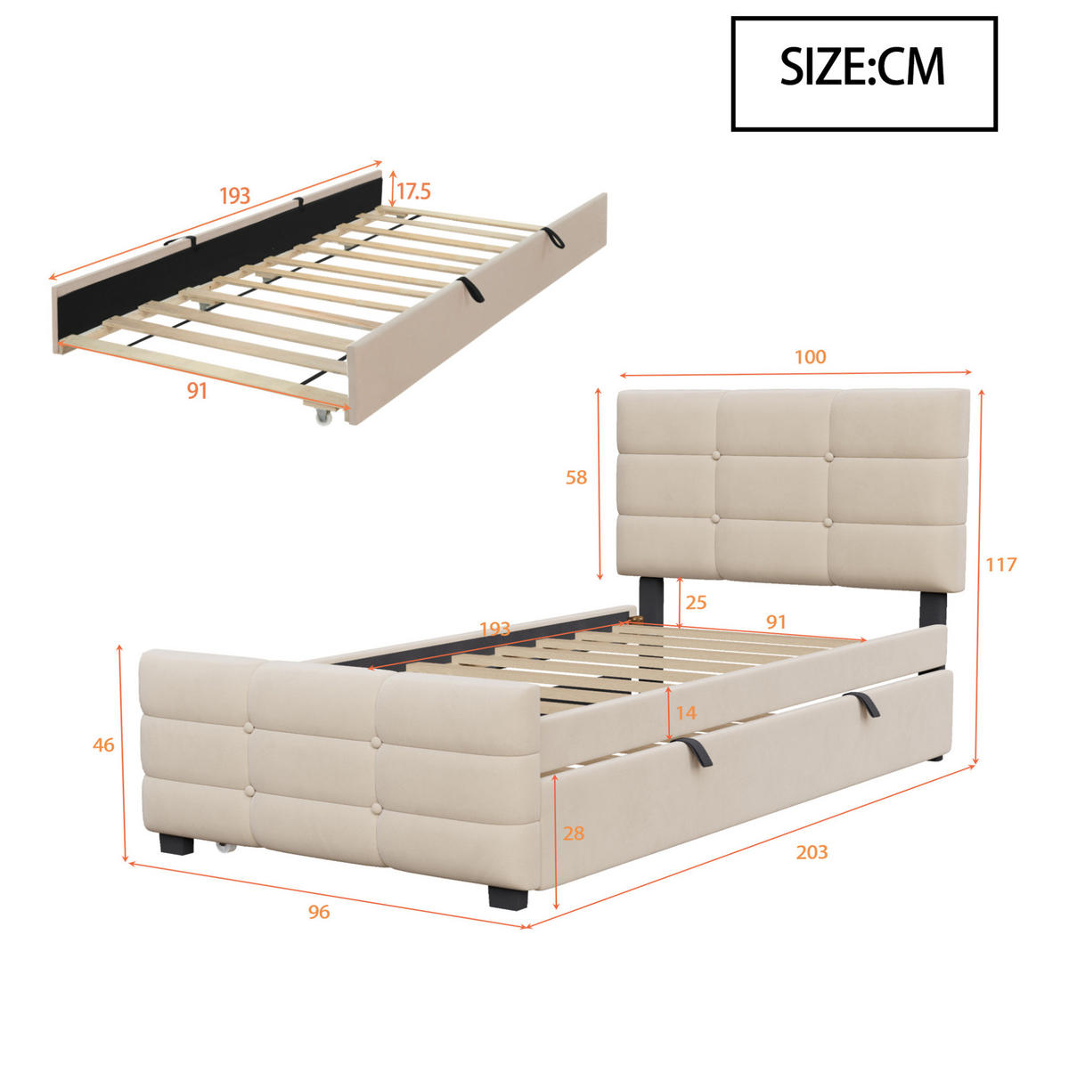 ČALÚNENÁ posteľ 90/190 cm s výsuvným lôžkom, klasické minimalistické prevedenie a zamatový poťah, Béžová - béžová, textil (90/190cm) - Redom