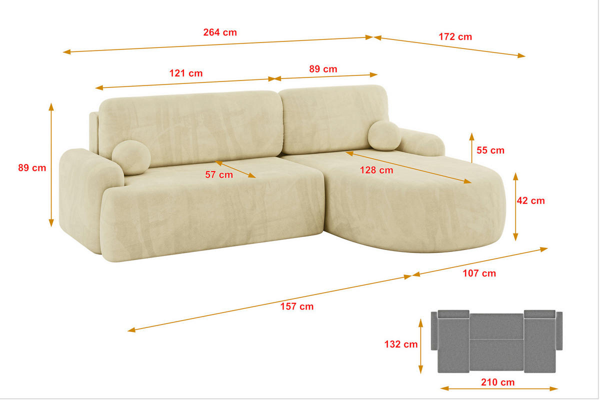 ECKSOFA mit Schlaffunktion und Bettkasten LIRA-L - 264x172x89 Beige - Beige, Holzwerkstoff/Textil (172/264cm) - ALTDECOR