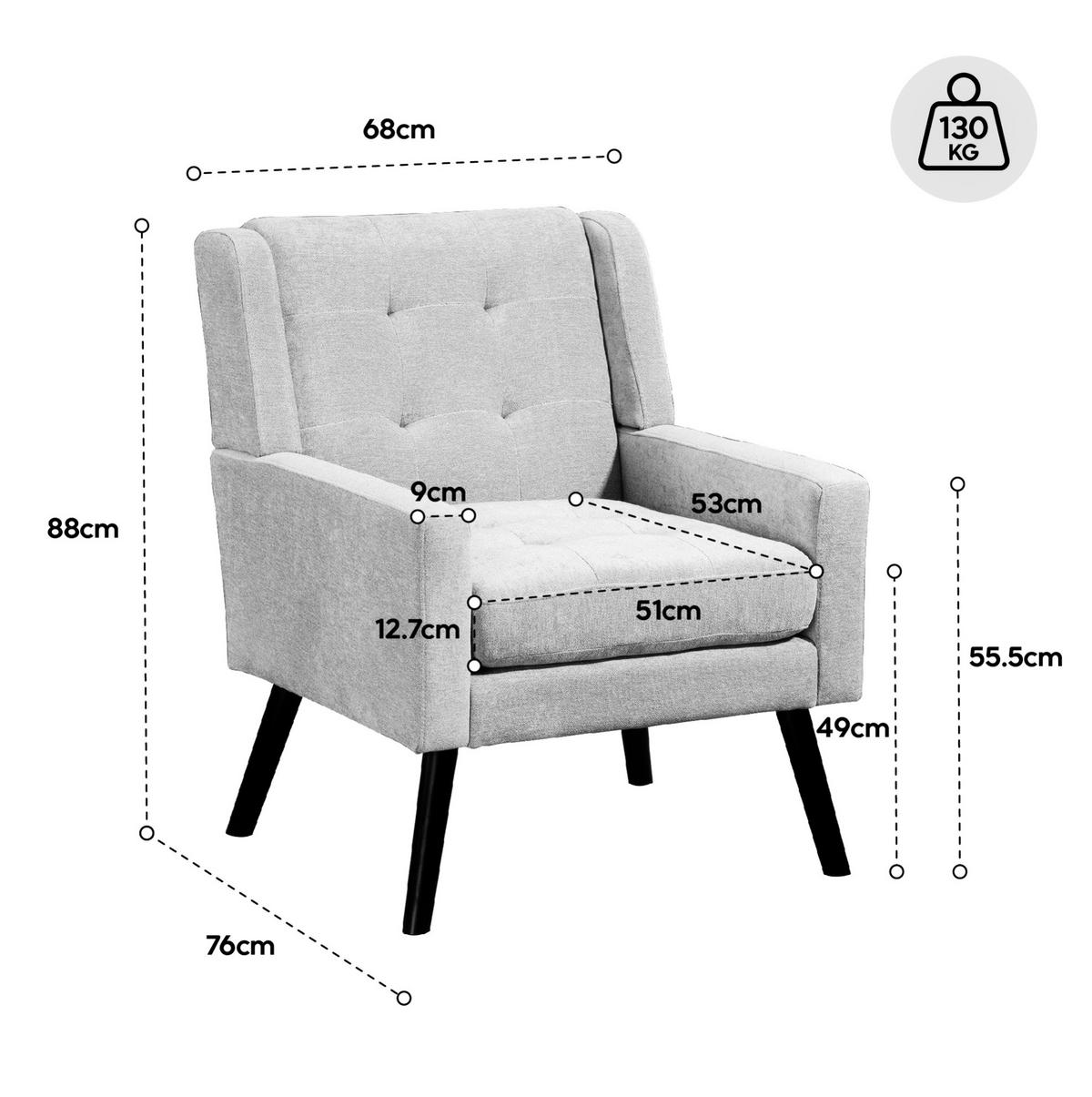 POLSTERSTUHL Leinen mit Tufting, Massivholzbeinen 68/76/88 cm Hellgrau 130 kg belastbar - Hellgrau, Textil (76/88/68cm) - Redom