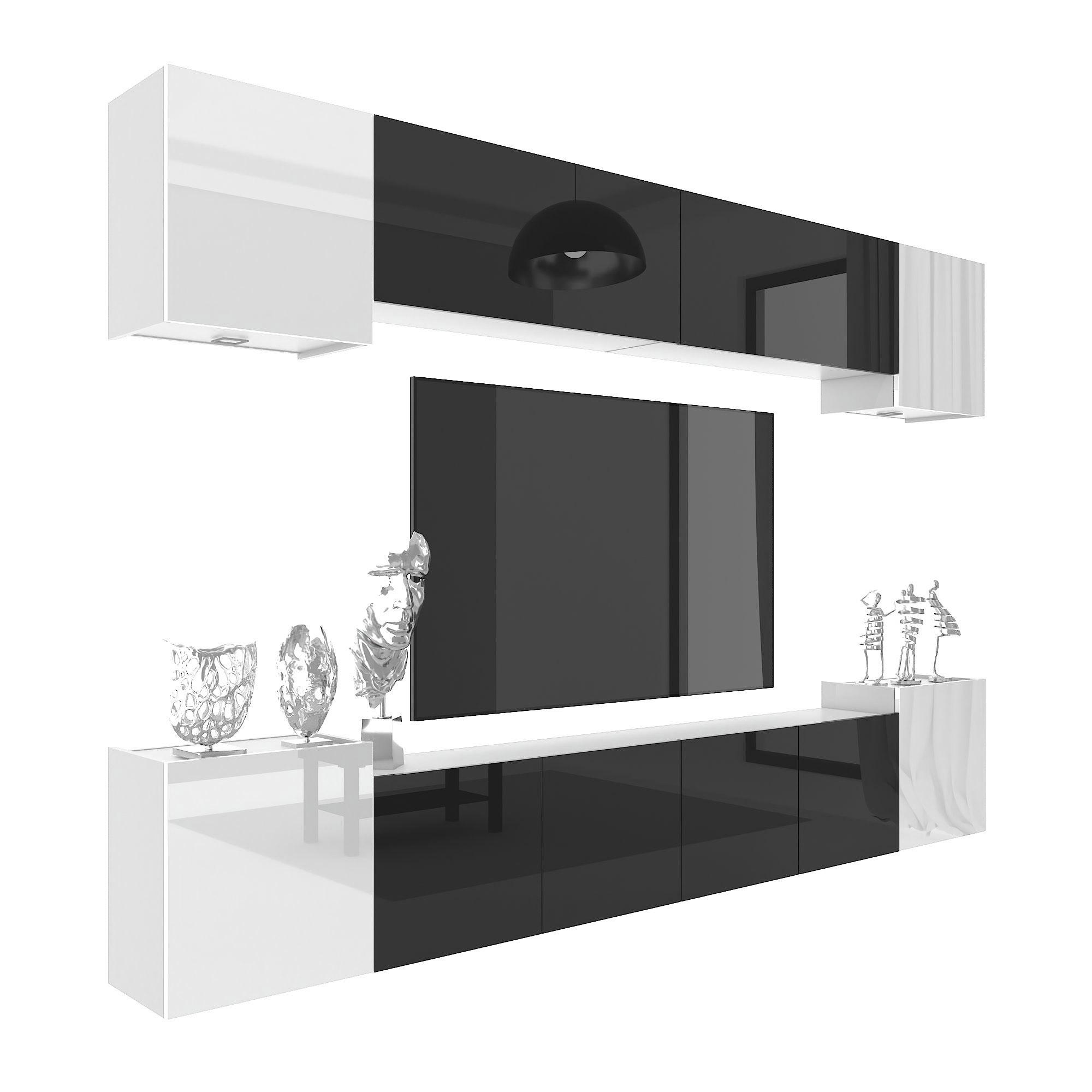 WOHNWAND Milano 4, Schwarz/Weiß Hochglanz, 300 cm, Grifflos - Weiß, Holz (300/60/36cm) - B BELINI GROUP