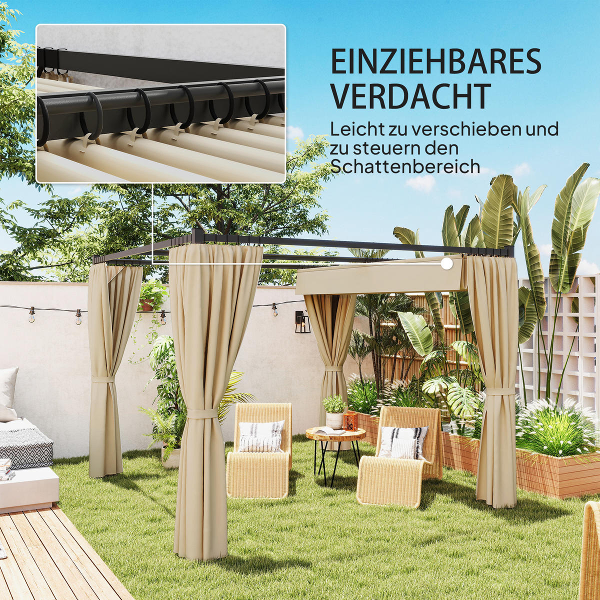 PERGOLA 3 x 3 m Freistehend Terrassenüberdachung mit Schiebedach, 4 Seitenwände UV-beständig Beige - Beige, Metall (300/227/300cm)
